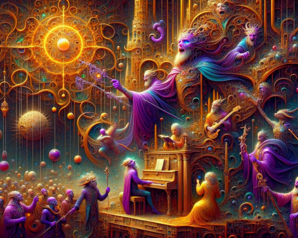 Mystical Figure Playing Piano in a Cosmic Scene