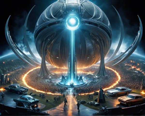 Futuristic illuminated generator in a sci-fi gathering