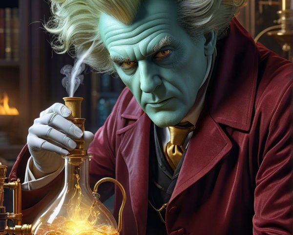 Mysterious Figure in Vintage Laboratory with Potion