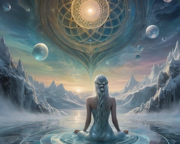 Serene Figure in Tranquil Water with Cosmic Elements