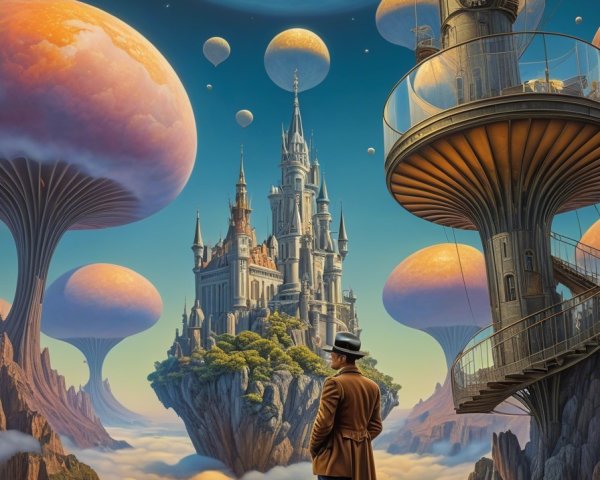 Surreal Landscape with Floating Castle and Airships