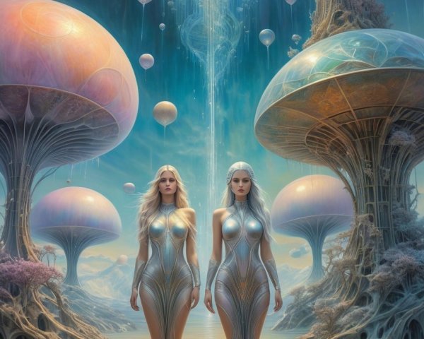 Surreal Landscape with Figures and Vibrant Mushrooms