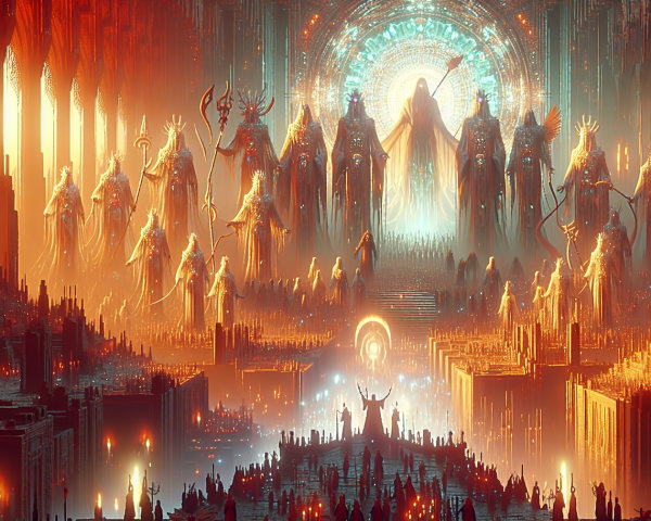 Illuminated Hall with Towering Statues and Ethereal Light
