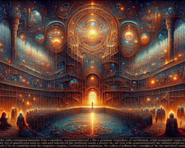 Ethereal Hall with Luminescent Structures and Radiant Figure