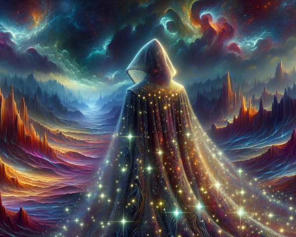 Cloaked Figure in a Cosmic Landscape with Nebulae