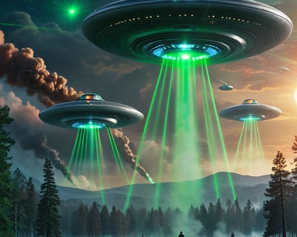 Futuristic UFOs Emitting Light Over Cosmic Landscape