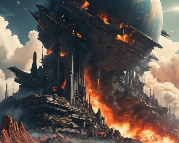 Colossal Destroyed Planet in Fiery Industrial Landscape