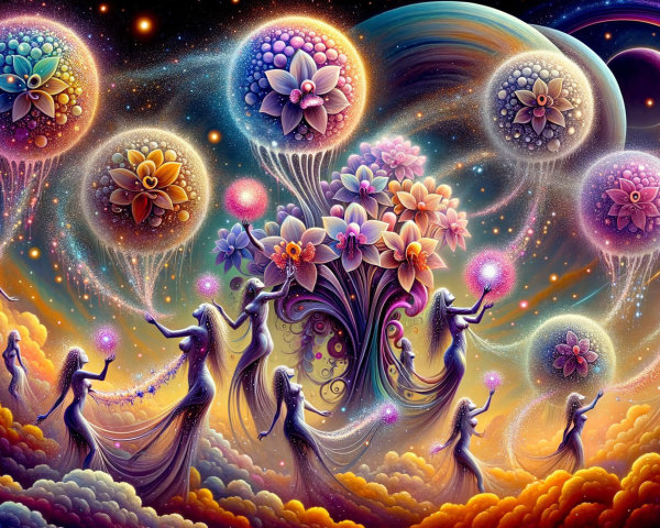 Cosmic Dance of Ethereal Figures and Luminous Orbs