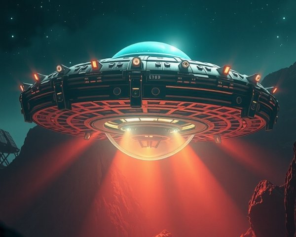 Futuristic spaceship above rocky alien landscape at night