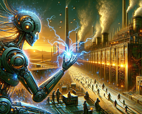 Dystopian Robot with Electric Orb in Industrial Setting