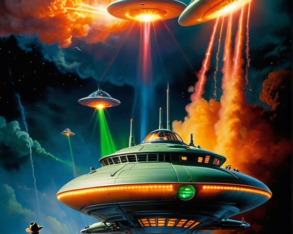 Futuristic Alien Invasion with Explosions and Lights