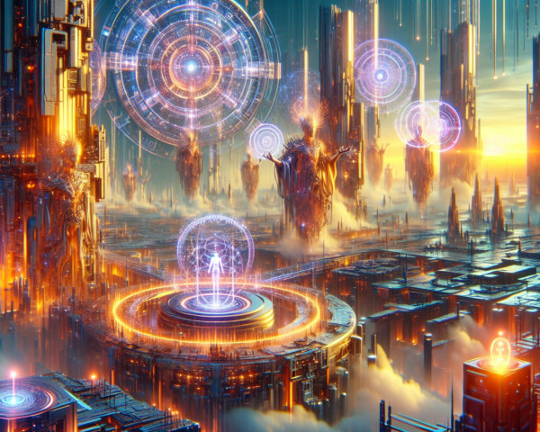 Futuristic cityscape with vibrant orange and blue hues