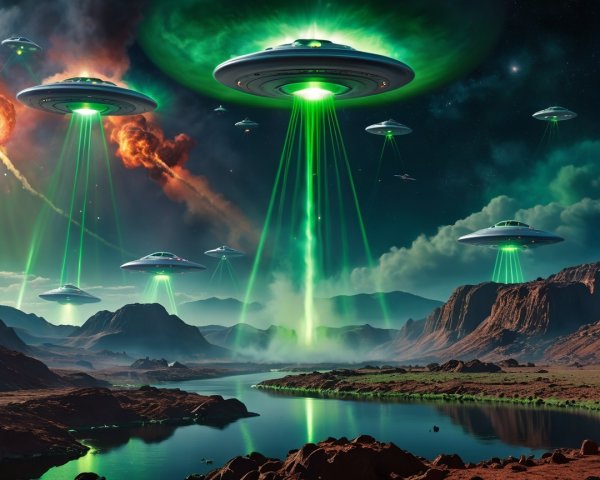 Alien Invasion Scene in Extraterrestrial Landscape