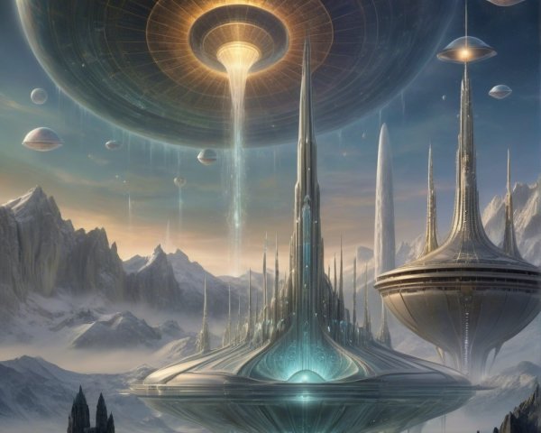 Futuristic landscape with crystalline structures and light