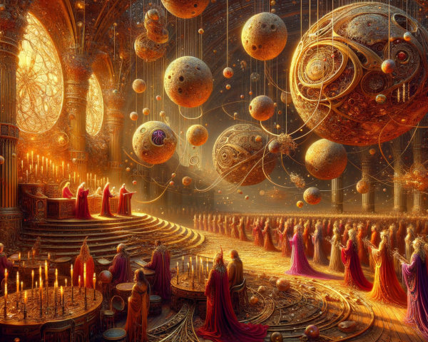 Ornate Hall with Celestial Light and Hovering Orbs
