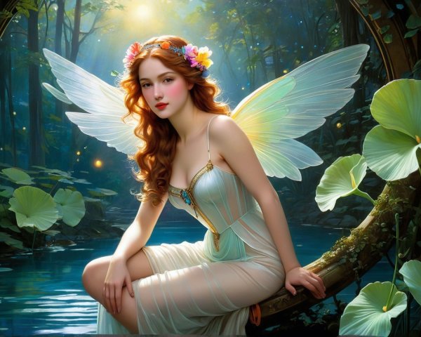 Fairy on a Vine by a Serene Reflective Pond