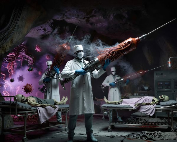Dark Underground Laboratory with Figures and Syringes
