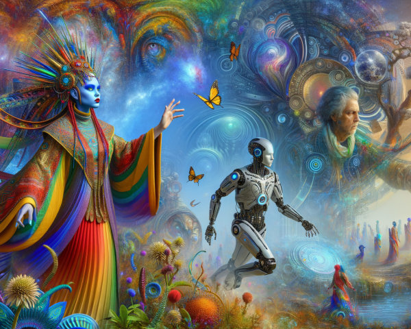 Surreal Landscape with Colorful Patterns and Beings
