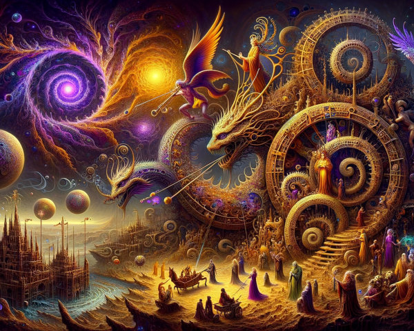 Cosmic Landscape with Gears and Mythical Creatures