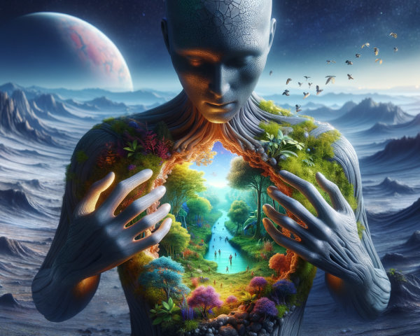 Surreal Landscape with Humanoid Figure and Vibrant Nature