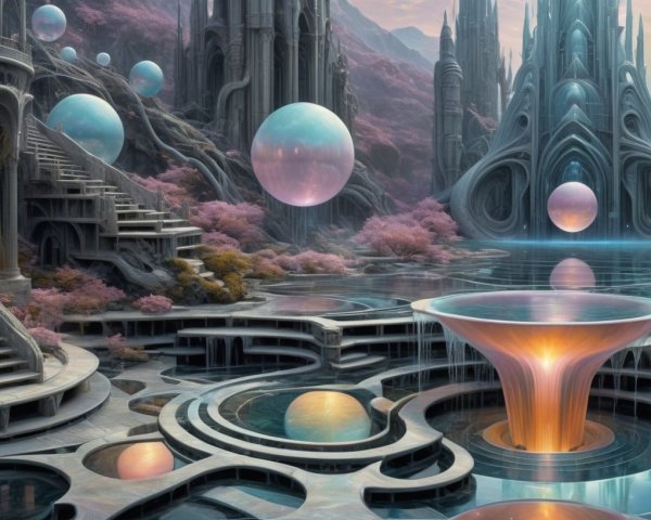 Fantastical Landscape with Ethereal Structures and Towers