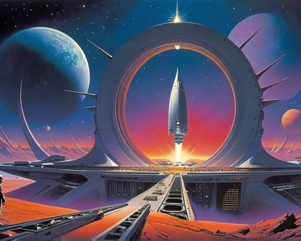 Futuristic Space Station with Astronauts and Rockets