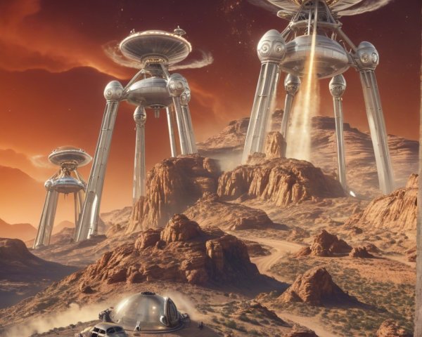 Alien Landscape with Silver Spacecraft and Red Rocks