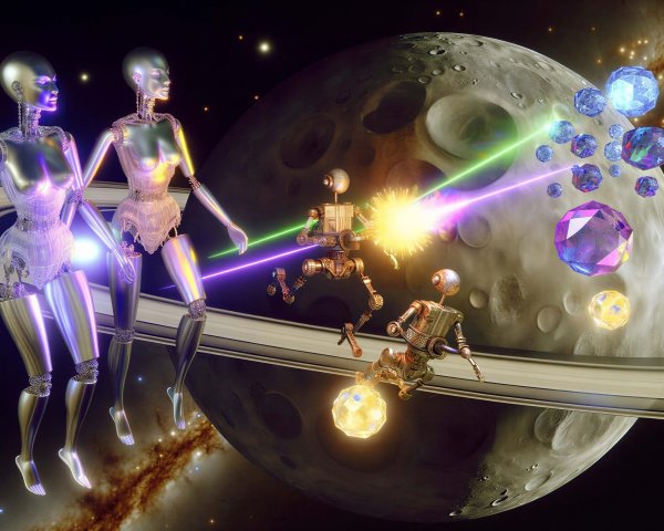 Feminine robots with lasers on a Saturn-like planet