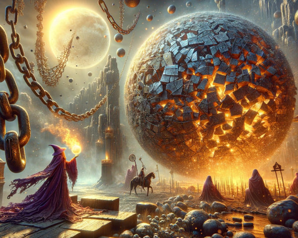 Mysterious landscape with glowing orbs and shadowy figures