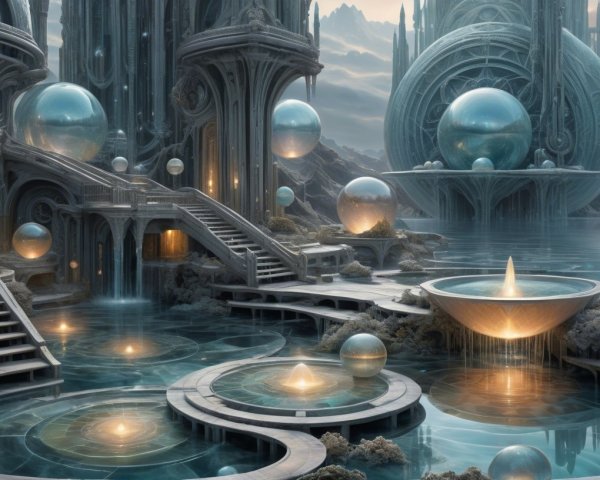 Serene Otherworldly Landscape with Grand Architecture