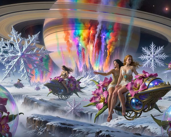 Women on Ornate Flying Vehicles in Winter Landscape