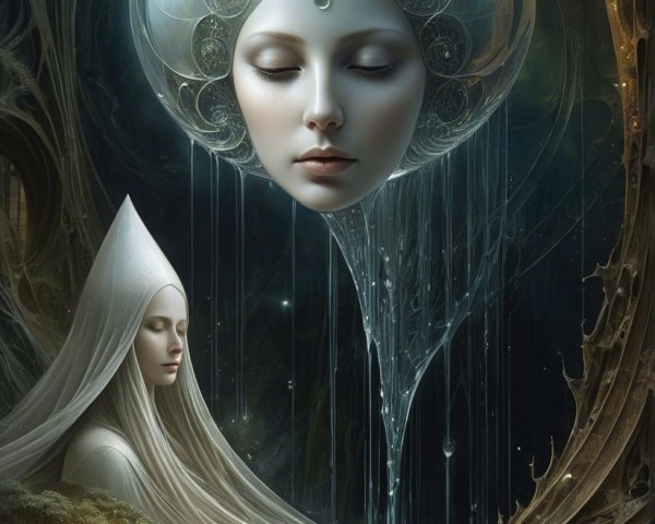 Surreal Scene with Stylized Faces in Mystical Landscape