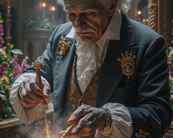 Regal figure prepares magical concoction in opulent setting