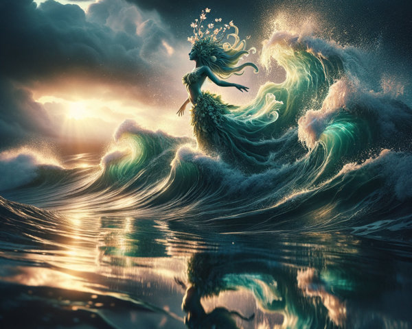 Mystical Sea Goddess Emerges from Waves at Sunset