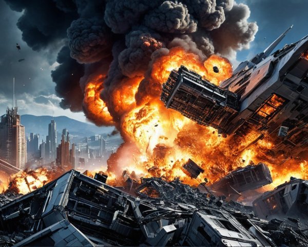 Massive Explosion in Futuristic Cityscape with Destruction