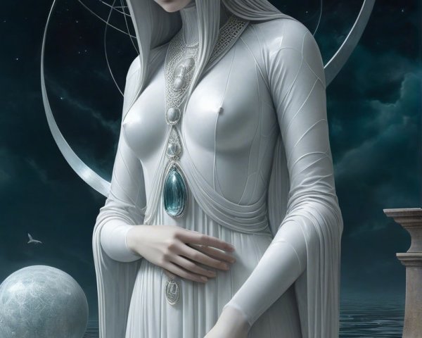 Serene figure by tranquil water with ethereal orbs