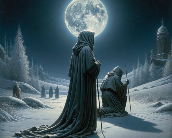 Mystical Gathering of Robed Figures in Winter Landscape