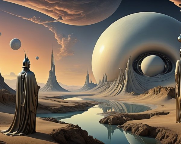 Surreal Landscape with Castles and Celestial Elements