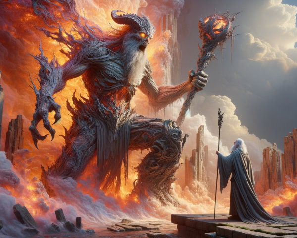 Colossal Fiery Entity and Cloaked Figure in Ruins