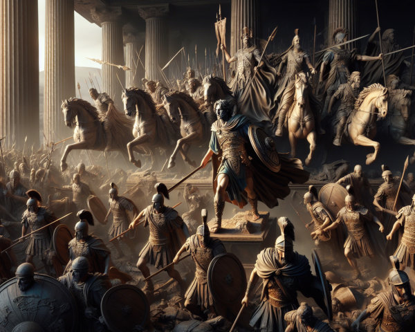 Ancient Warriors in Battle with Commanding Figure