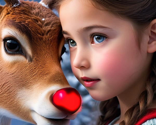 Young Girl and Reindeer in Snowy Forest Scene