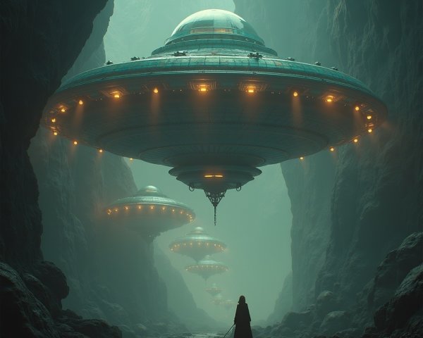 Misty Canyon with Hovering UFOs and Glowing Lights