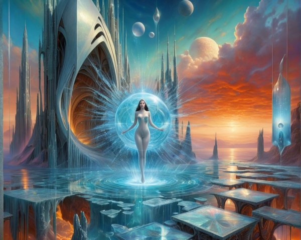Futuristic landscape with serene figure and luminous orb