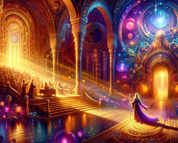 Ornate hall with figure in purple gown and cosmic decor
