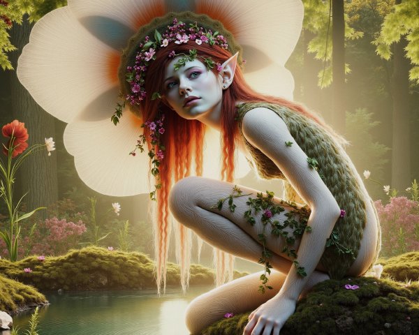 Mystical forest scene with whimsical character by pond