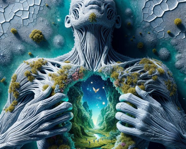 Surreal Figure with Miniature Landscape and Butterflies