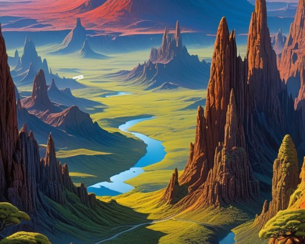 Alien Landscape with Jagged Rocks and Vibrant Colors