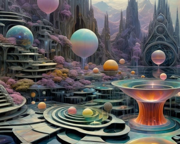 Surreal Landscape with Ethereal Orbs and Fountains