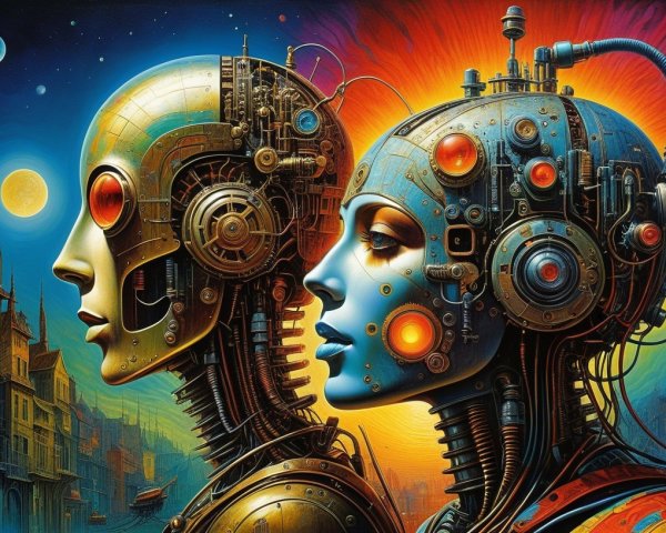 Futuristic Robots in Vibrant City Skyline Scene