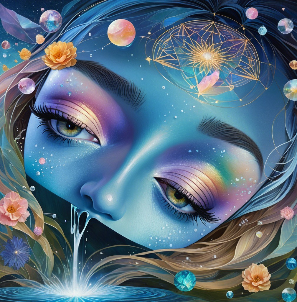 Surreal portrait of a blue-skinned figure with orbs